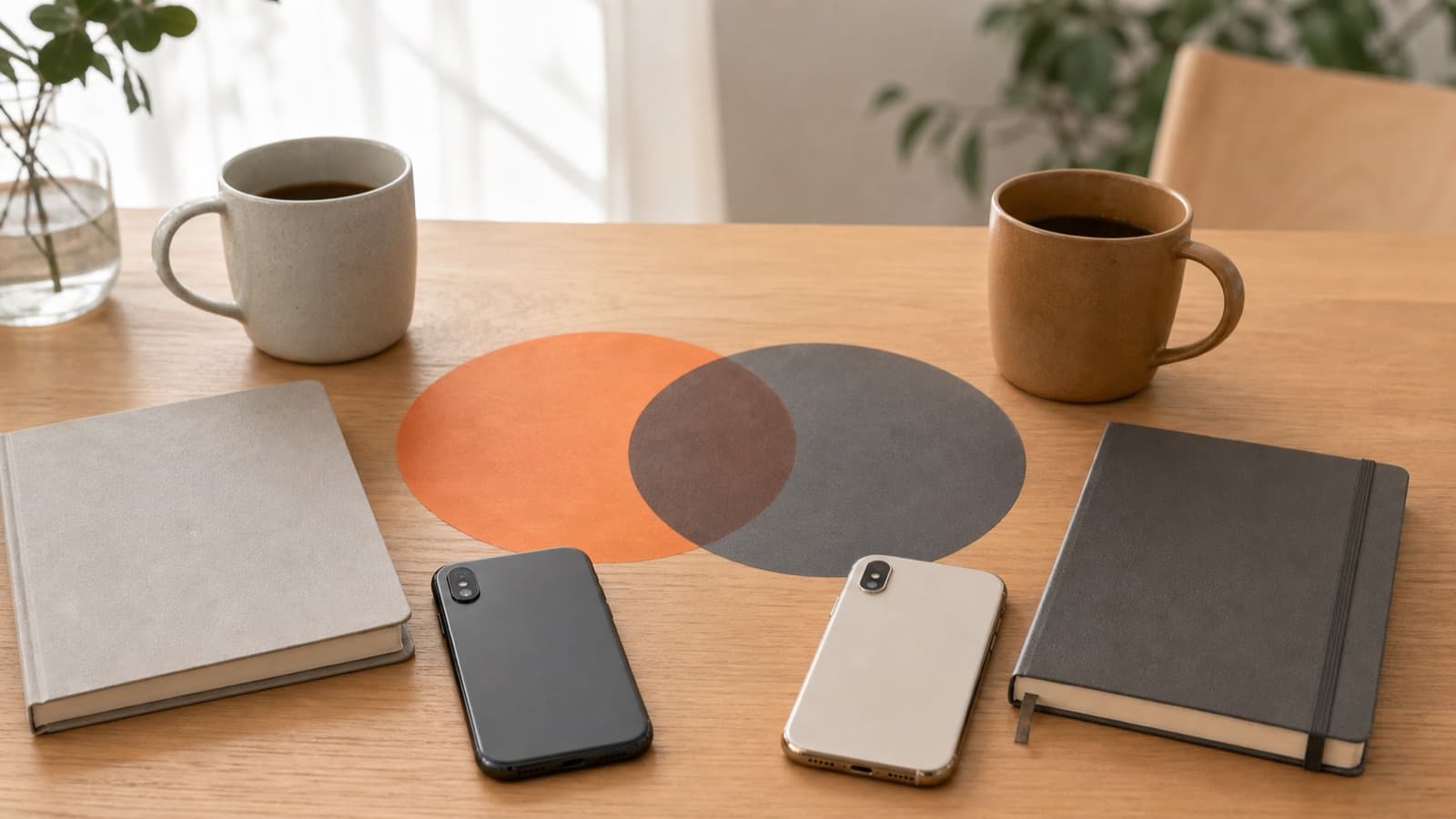 匿名の経験共有を表す二冊のノートと二台のスマートフォン、重なる円