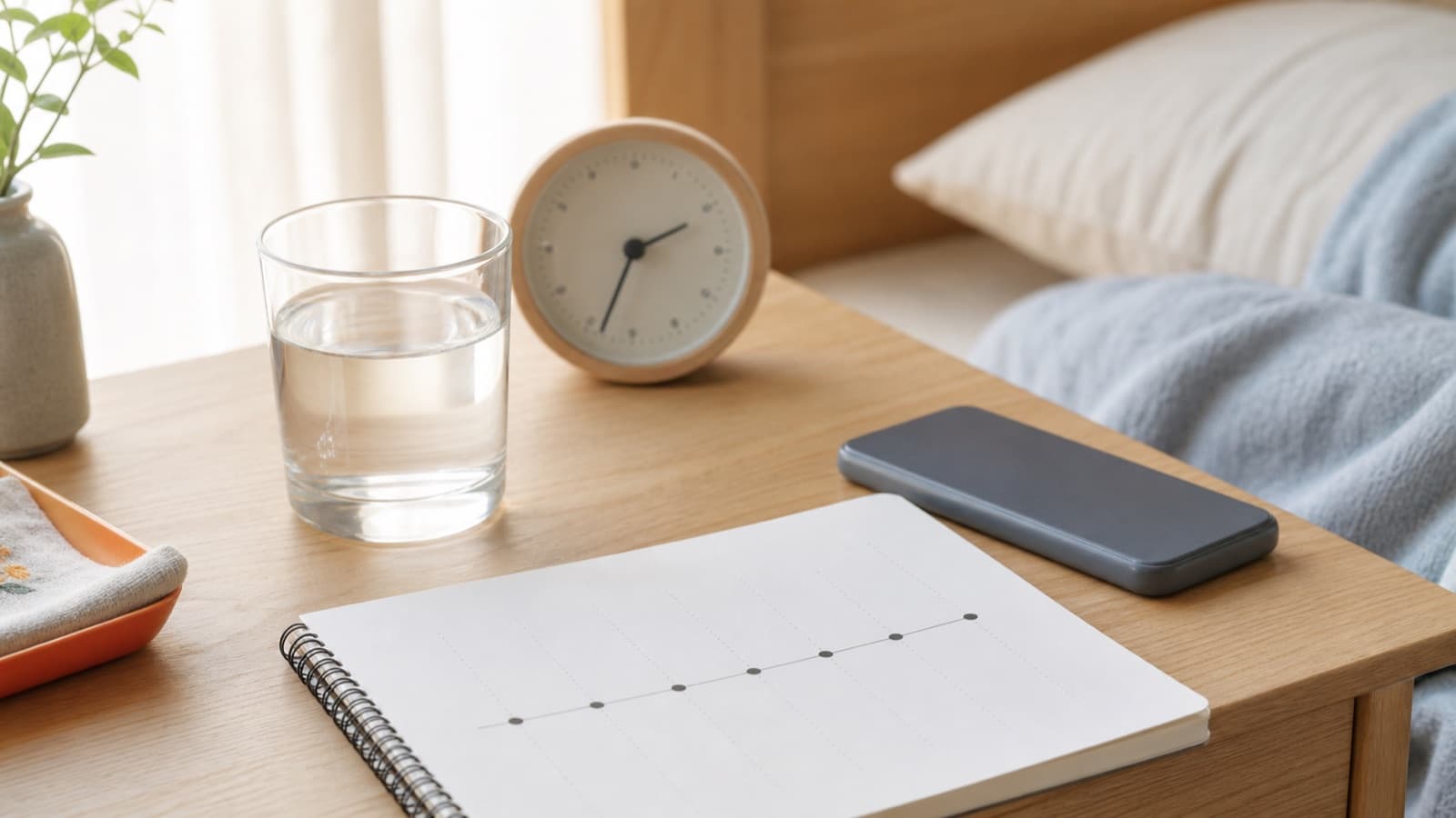 体調の変化を時系列で記録するノートと水、連絡用のスマートフォン
